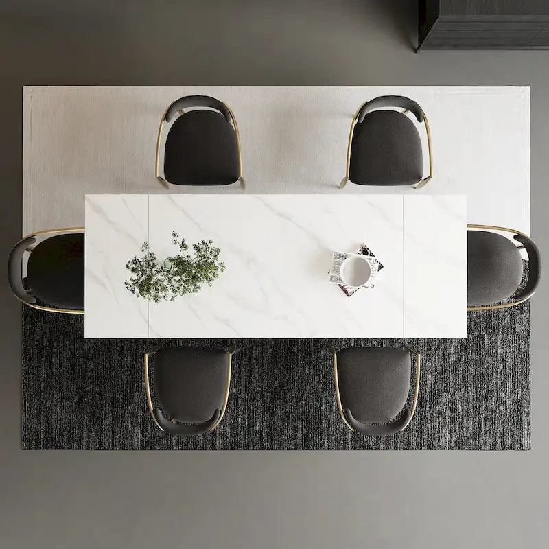 Ensemble de salle à manger 7 pièces avec table extensible en pierre frittée et 6 chaises en tissu