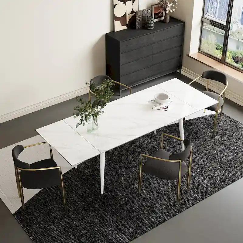 Ensemble de salle à manger 7 pièces avec table extensible en pierre frittée et 6 chaises en tissu