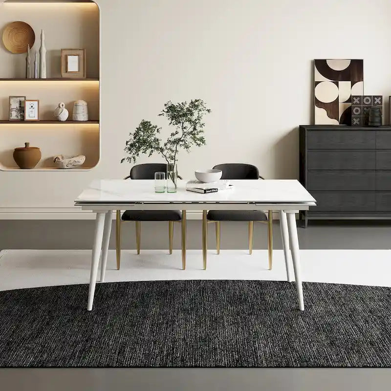 Ensemble de salle à manger 7 pièces avec table extensible en pierre frittée et 6 chaises en tissu
