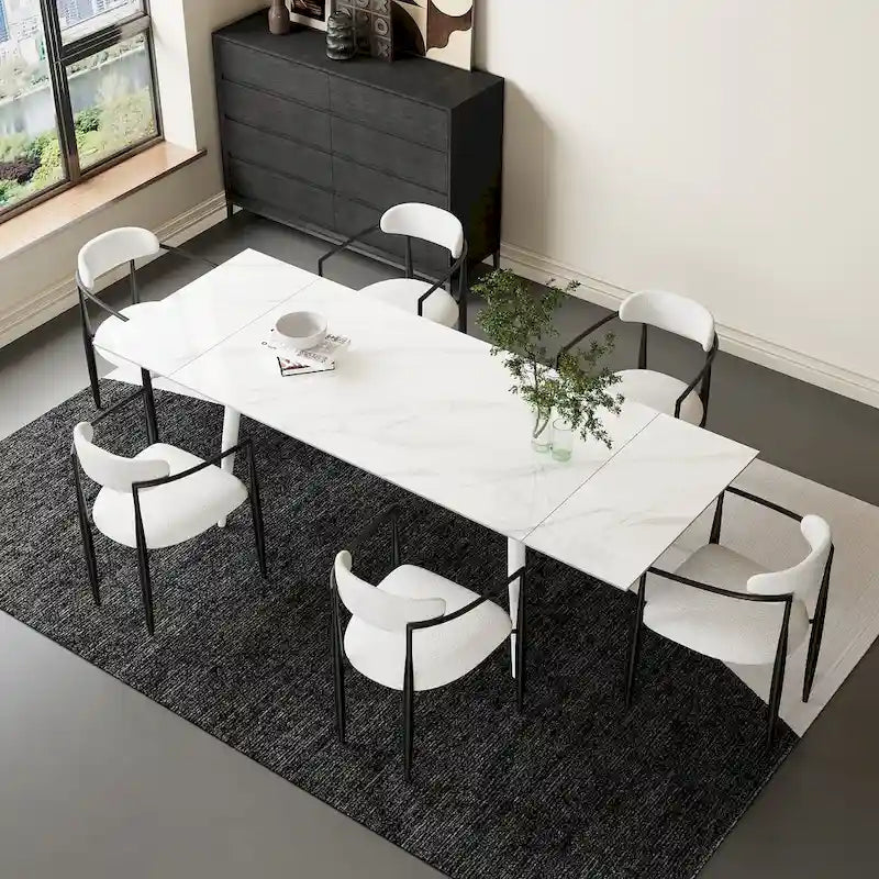 Ensemble de salle à manger 7 pièces avec table extensible en pierre frittée et 6 chaises en tissu