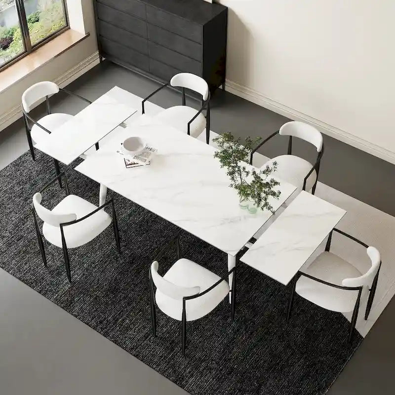 Ensemble de salle à manger 7 pièces avec table extensible en pierre frittée et 6 chaises en tissu