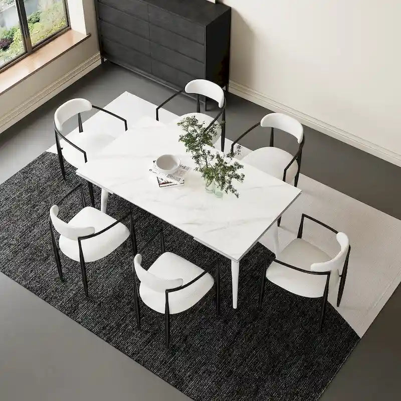 Ensemble de salle à manger 7 pièces avec table extensible en pierre frittée et 6 chaises en tissu