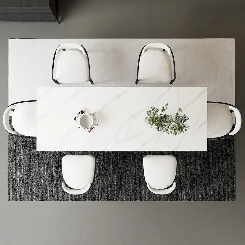 Ensemble de salle à manger 7 pièces avec table extensible en pierre frittée et 6 chaises en tissu