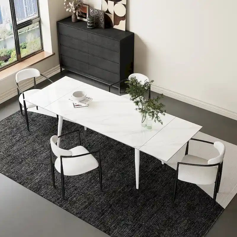 Ensemble de salle à manger 7 pièces avec table extensible en pierre frittée et 6 chaises en tissu