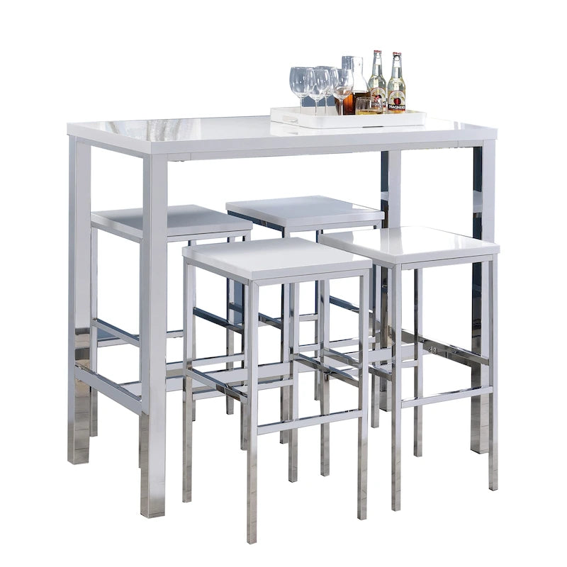 Ensemble de salle à manger 5 pièces, hauteur bar, blanc et chrome