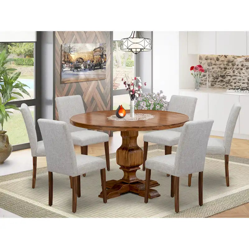 Ensemble de salle à manger East West Furniture – une table de salle à manger ronde et des chaises Parson couleur daim, noyer antique (option de pièces)