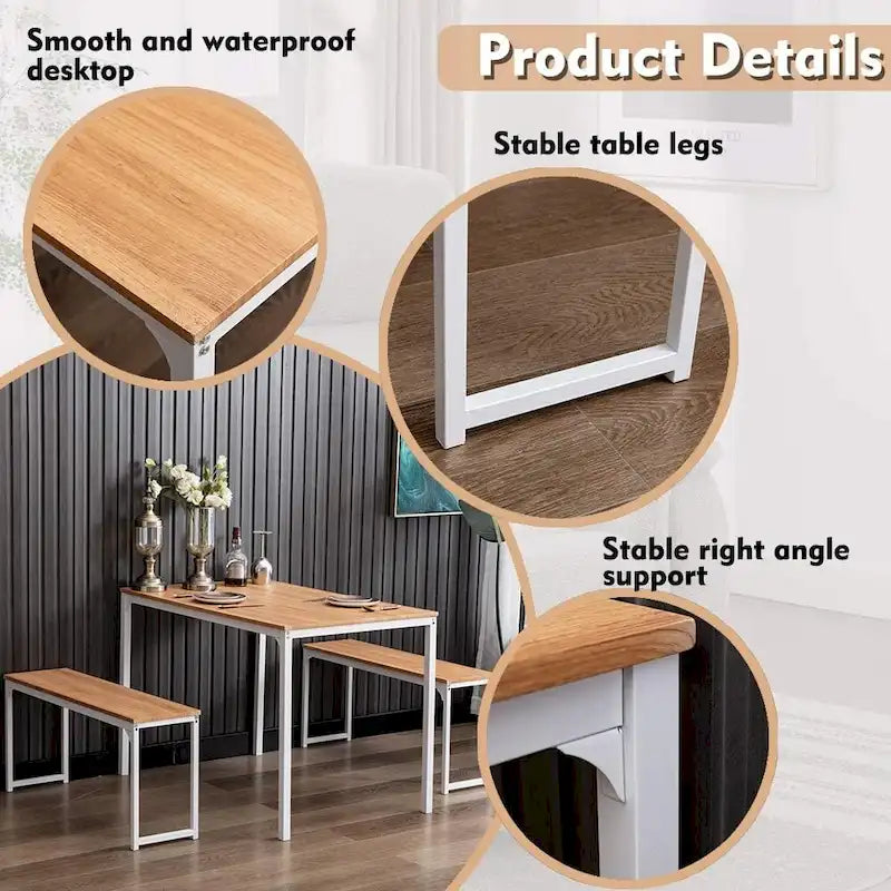 Ensemble de table de cuisine 3 pièces avec deux bancs, ensemble de salle à manger 4 places