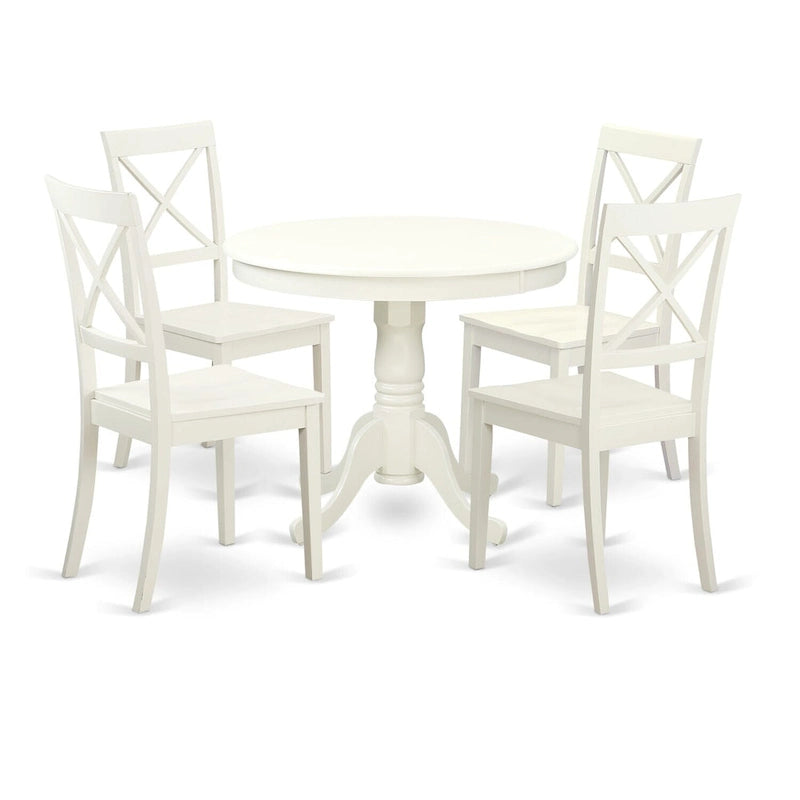 East West Furniture Ensemble de table de cuisine – Une table de salle à manger ronde et des chaises à assise en bois massif, blanc lin (options de pièces)