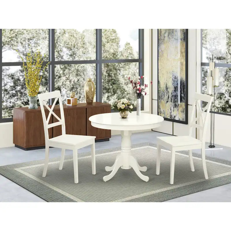 East West Furniture Ensemble de table de cuisine – Une table de salle à manger ronde et des chaises à assise en bois massif, blanc lin (options de pièces)
