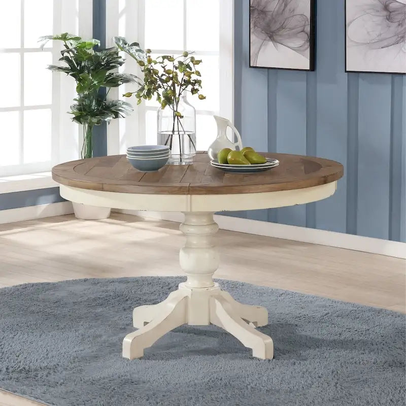 Ensemble de salle à manger rond 5 pièces Prato Roundhill Furniture avec table et chaises à dossier croisé, blanc antique et chêne vieilli