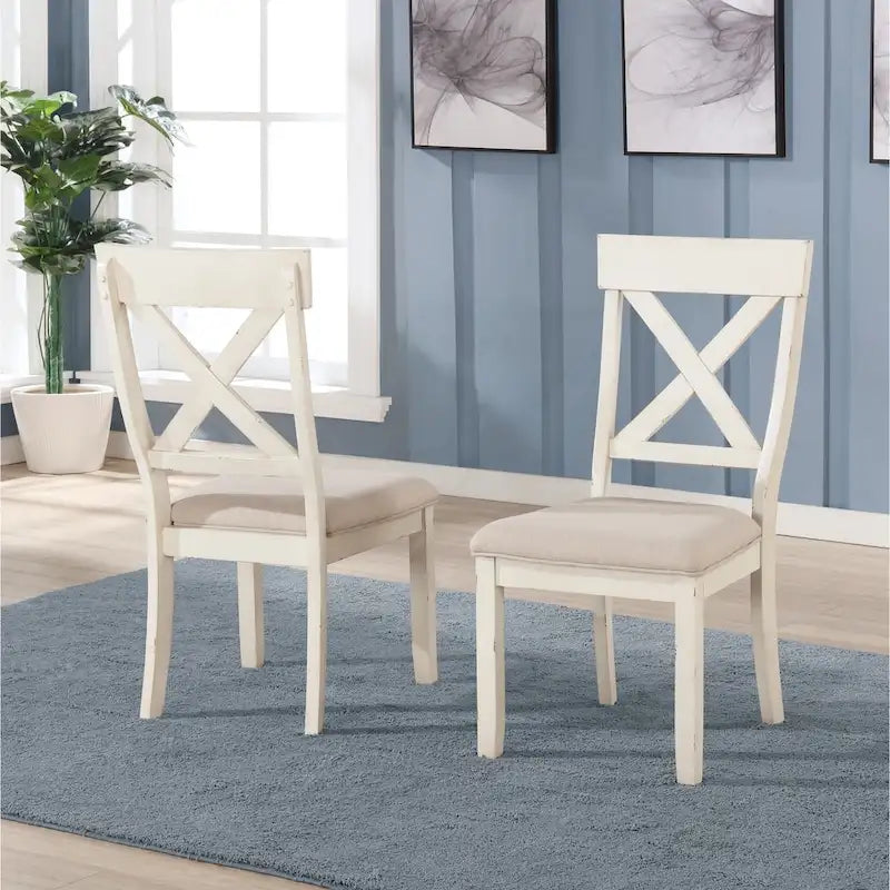 Ensemble de salle à manger rond 5 pièces Prato Roundhill Furniture avec table et chaises à dossier croisé, blanc antique et chêne vieilli