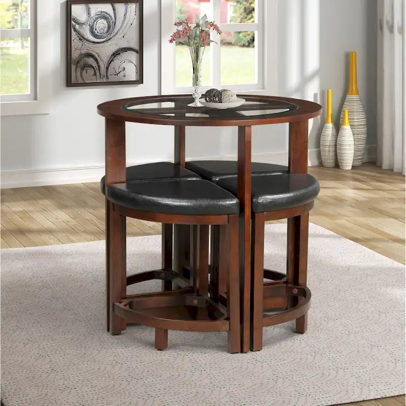 Ensemble de salle à manger rond 5 pièces à hauteur de comptoir Roundhill Furniture en bois massif avec plateau de table en verre