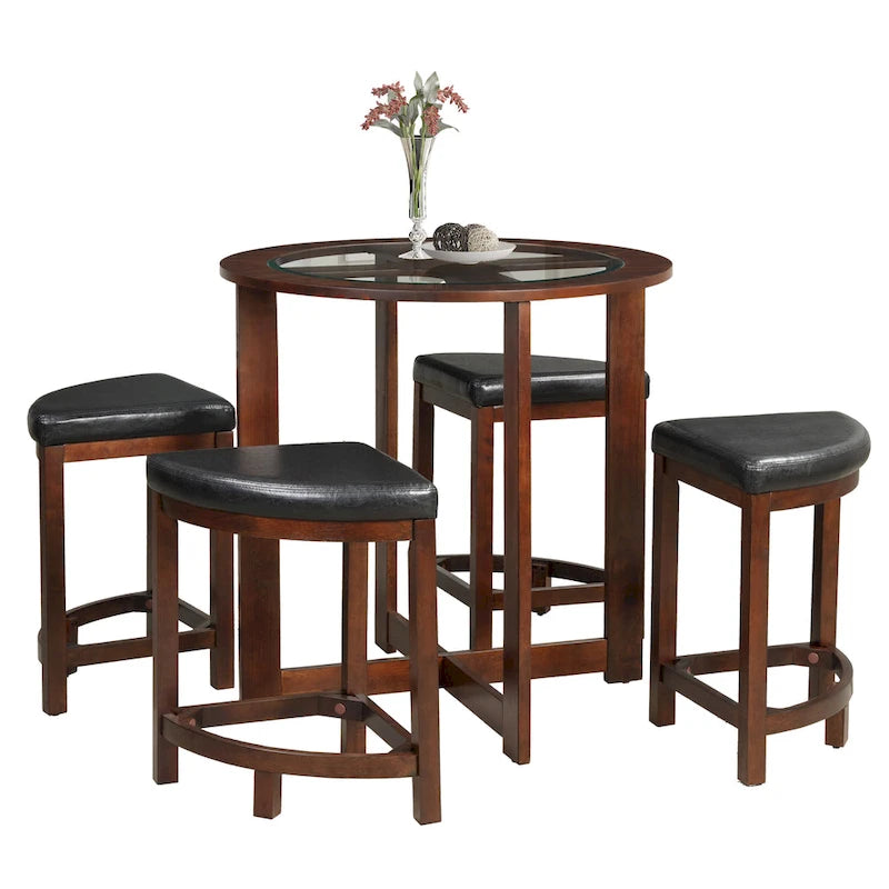 Ensemble de salle à manger rond 5 pièces à hauteur de comptoir Roundhill Furniture en bois massif avec plateau de table en verre