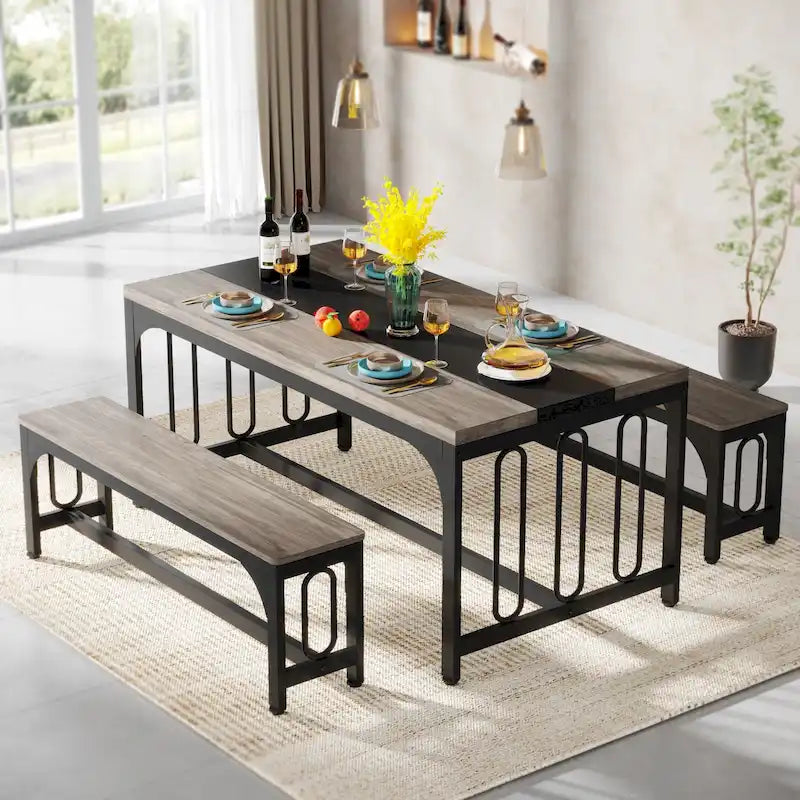Ensemble de table de salle à manger 55 pour 4 à 6 personnes, table de cuisine 3 pièces style ferme avec 2 bancs, ensemble de table de cuisine d'angle pour petit-déjeuner