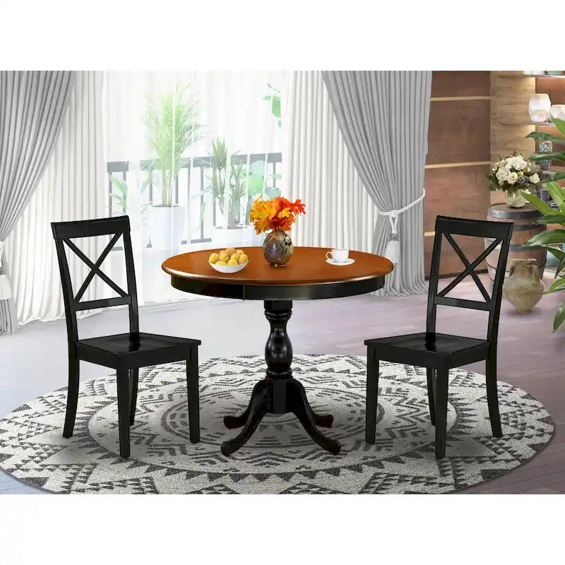 East West Furniture Ensemble de table de cuisine 3 pièces - Une table à manger ronde et des chaises à siège en bois, Noir et Cerisier (Options de pièces)