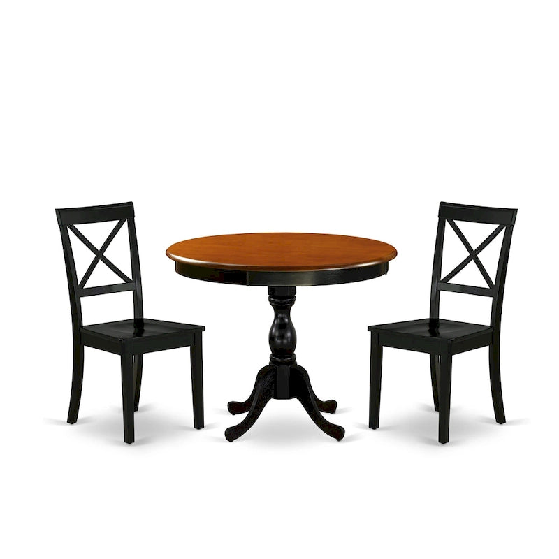 East West Furniture Ensemble de table de cuisine 3 pièces - Une table à manger ronde et des chaises à siège en bois, Noir et Cerisier (Options de pièces)