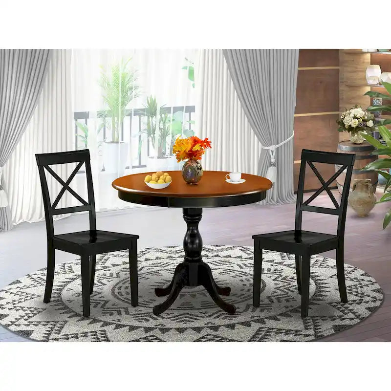 East West Furniture Ensemble de table de cuisine 3 pièces - Une table à manger ronde et des chaises à siège en bois, Noir et Cerisier (Options de pièces)
