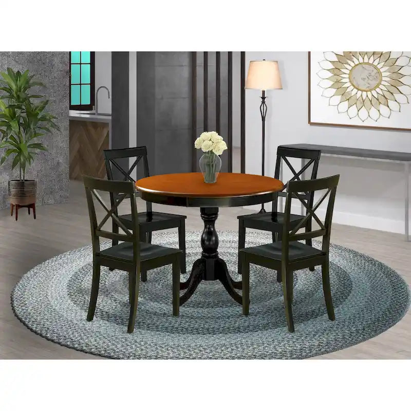 East West Furniture Ensemble de table de cuisine 3 pièces - Une table à manger ronde et des chaises à siège en bois, Noir et Cerisier (Options de pièces)