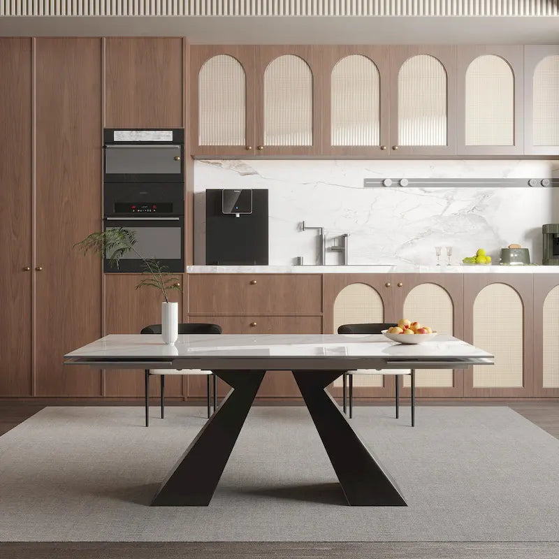 Ensemble de salle à manger extensible en pierre frittée, style moderne et minimaliste, 9 pièces, 8 personnes