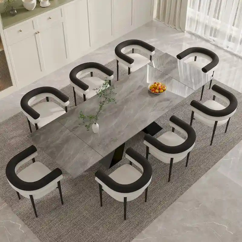 Ensemble de salle à manger extensible en pierre frittée, style moderne et minimaliste, 9 pièces, 8 personnes