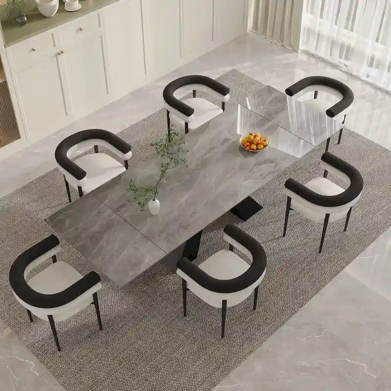 Ensemble de salle à manger extensible en pierre frittée, style moderne et minimaliste, 9 pièces, 8 personnes