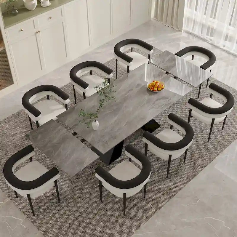 Ensemble de salle à manger extensible en pierre frittée, style moderne et minimaliste, 9 pièces, 8 personnes