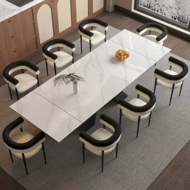 Ensemble de salle à manger extensible en pierre frittée, style moderne et minimaliste, 9 pièces, 8 personnes