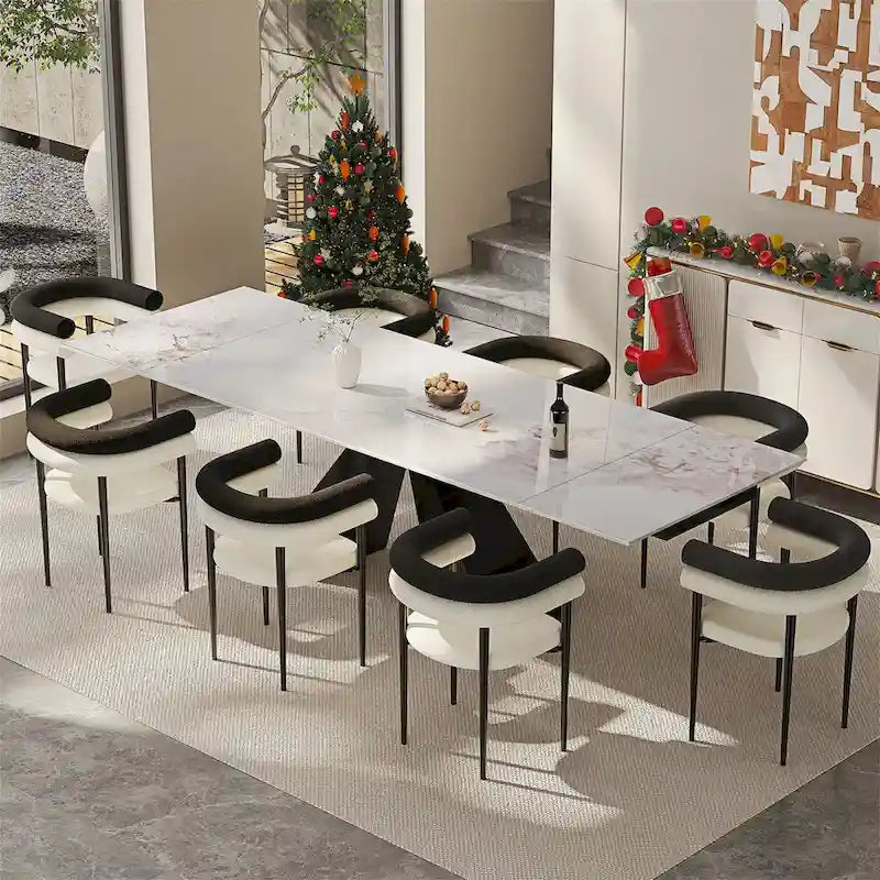 Ensemble de salle à manger extensible en pierre frittée, style moderne et minimaliste, 9 pièces, 8 personnes