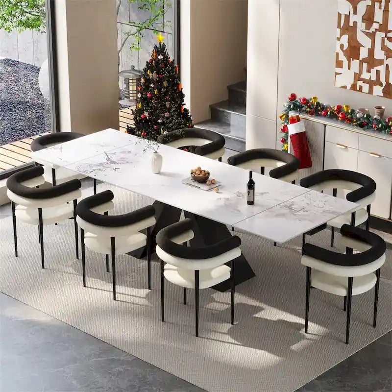 Ensemble de salle à manger extensible en pierre frittée, style moderne et minimaliste, 9 pièces, 8 personnes