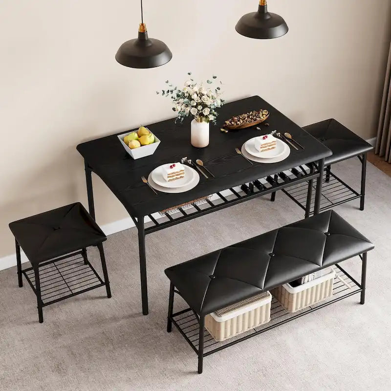 Ensemble table à manger pour 4, table de cuisine avec banc rembourré et tabourets carrés