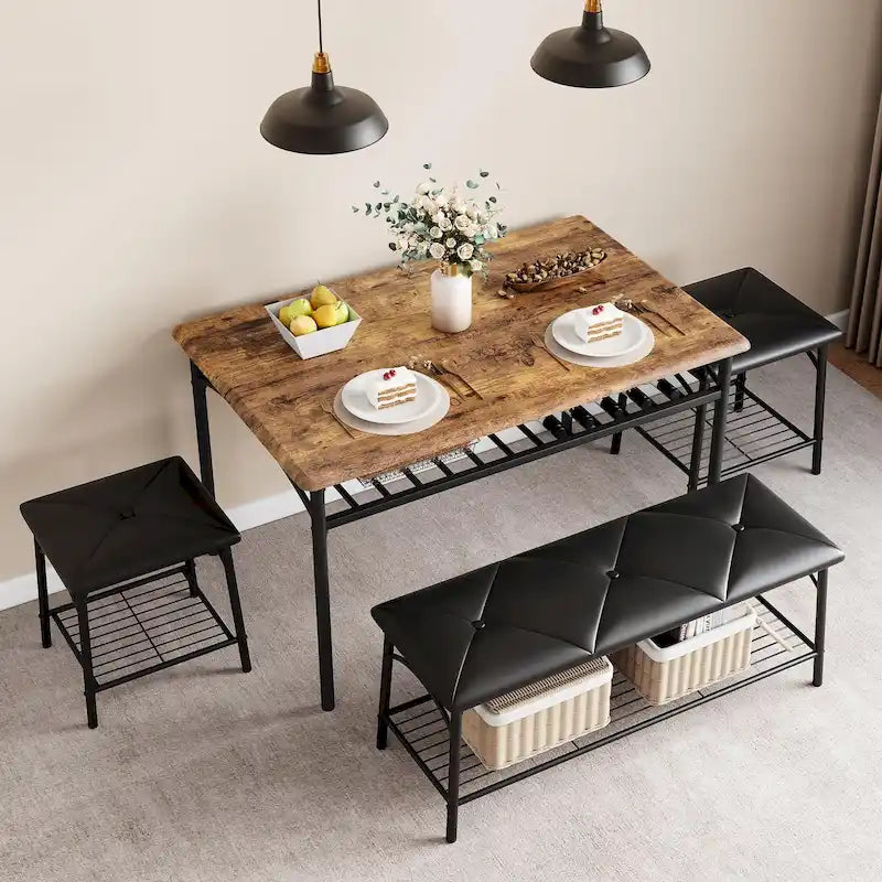 Ensemble table à manger pour 4, table de cuisine avec banc rembourré et tabourets carrés