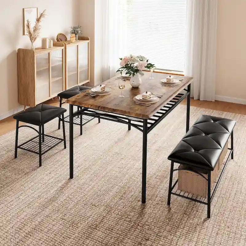 Ensemble table à manger pour 4, table de cuisine avec banc rembourré et tabourets carrés