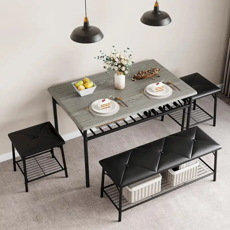Ensemble table à manger pour 4, table de cuisine avec banc rembourré et tabourets carrés