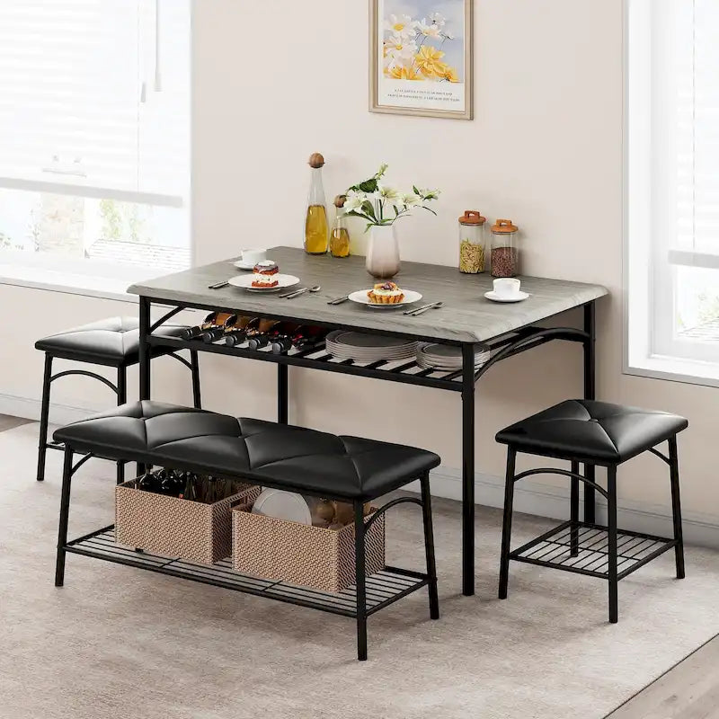 Ensemble table à manger pour 4, table de cuisine avec banc rembourré et tabourets carrés