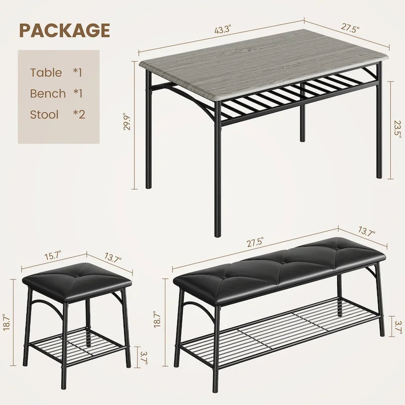 Ensemble table à manger pour 4, table de cuisine avec banc rembourré et tabourets carrés