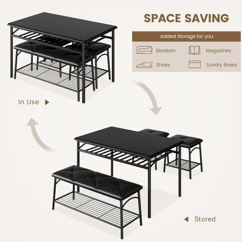 Ensemble table à manger pour 4, table de cuisine avec banc rembourré et tabourets carrés
