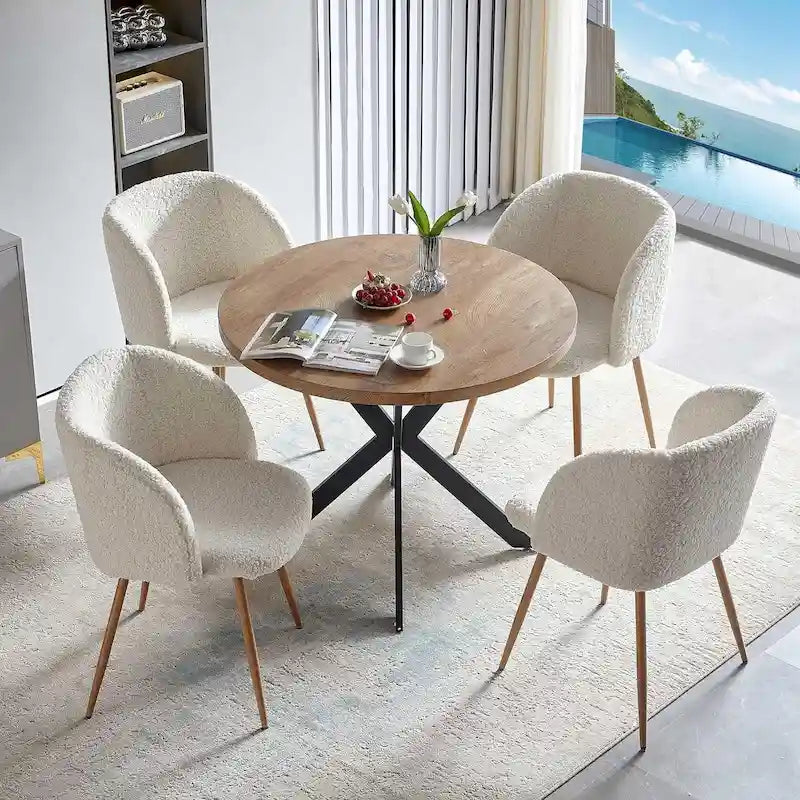 Ensemble table à manger ronde Howtai avec chaises fauteuils Sherpa moelleux peu encombrant