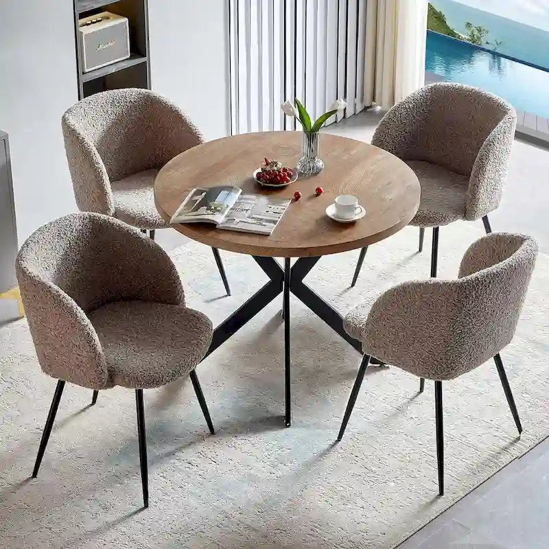 Ensemble table à manger ronde Howtai avec chaises fauteuils Sherpa moelleux peu encombrant