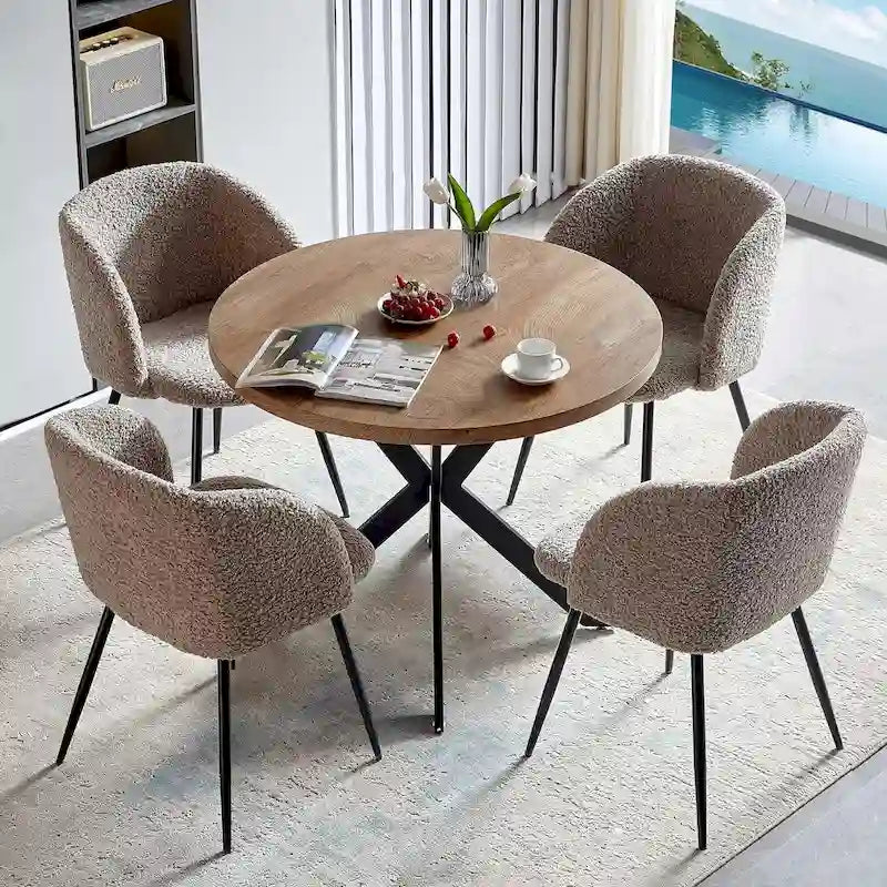 Ensemble table à manger ronde Howtai avec chaises fauteuils Sherpa moelleux peu encombrant