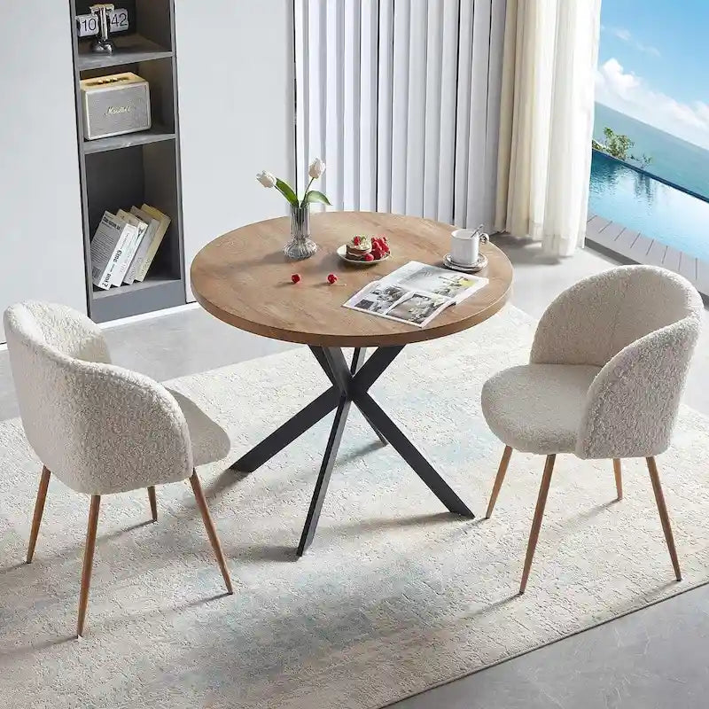Ensemble table à manger ronde Howtai avec chaises fauteuils Sherpa moelleux peu encombrant