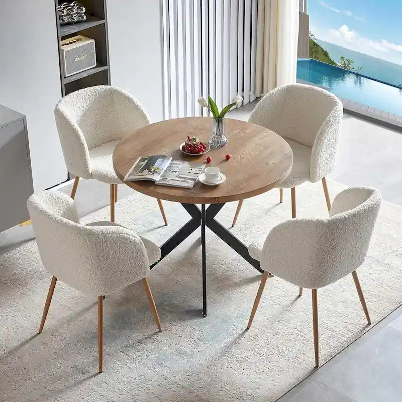 Ensemble table à manger ronde Howtai avec chaises fauteuils Sherpa moelleux peu encombrant