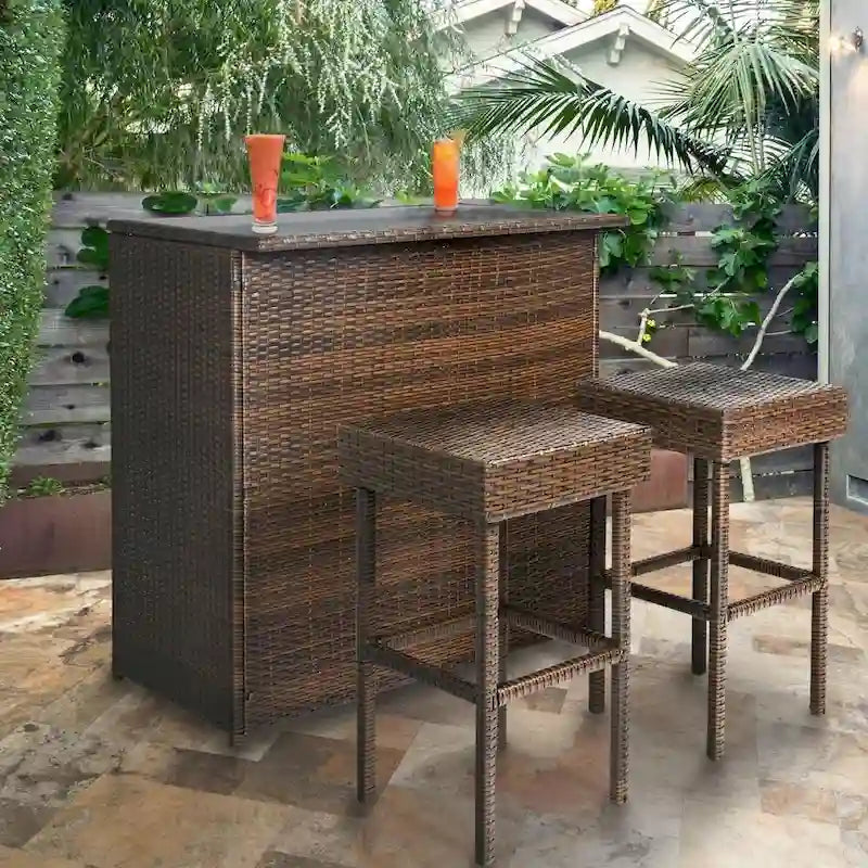 Ensemble de bar extérieur 3 pièces en rotin synthétique avec table et tabourets