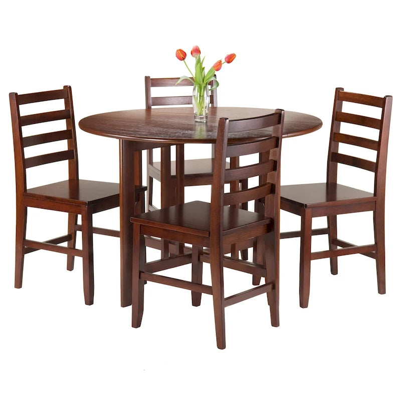 Ensemble de 5 pièces : table ronde à abattants et chaises à dossier échelle, Noyer