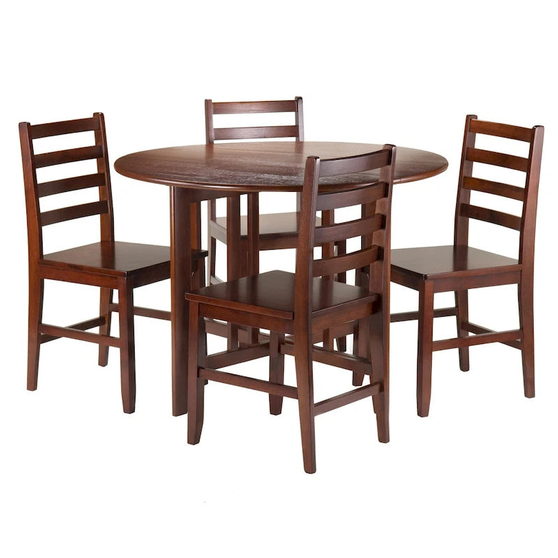 Ensemble de 5 pièces : table ronde à abattants et chaises à dossier échelle, Noyer