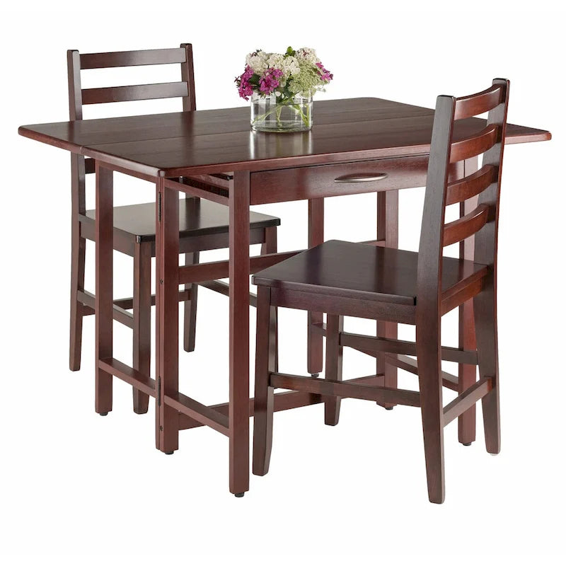Table à rabats 3 pièces avec chaises à dossier échelle, Noyer