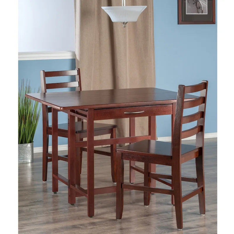 Table à rabats 3 pièces avec chaises à dossier échelle, Noyer