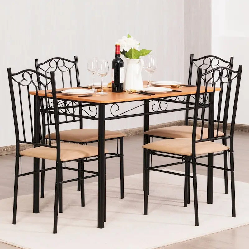 Costway Ensemble de salle à manger 5 pièces en bois et métal, table 76 cm et 4 chaises de cuisine
