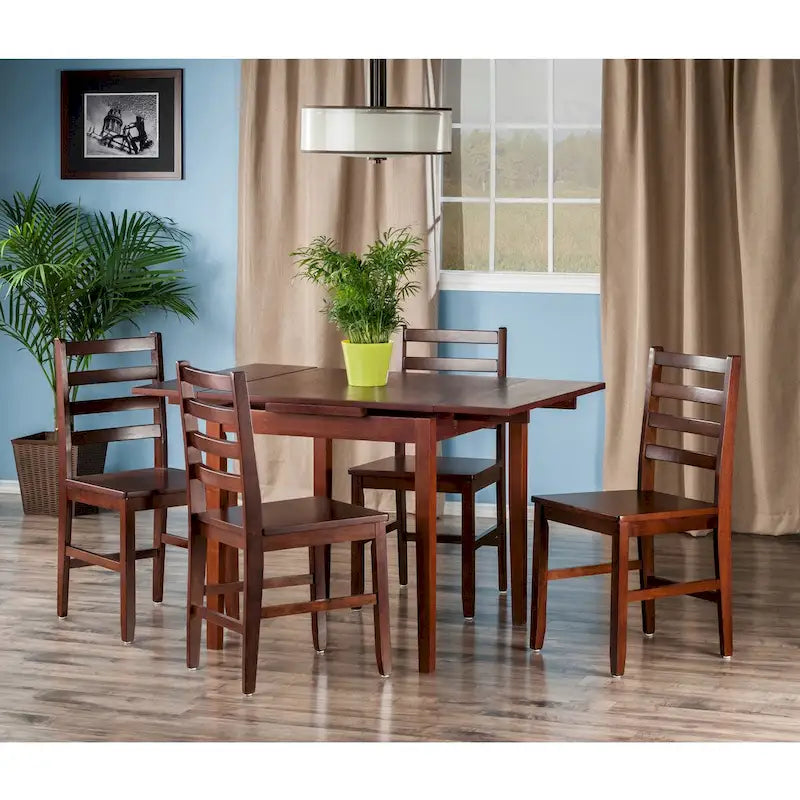 Table extensible 5 pièces avec chaises à dossier ajouré, Noyer