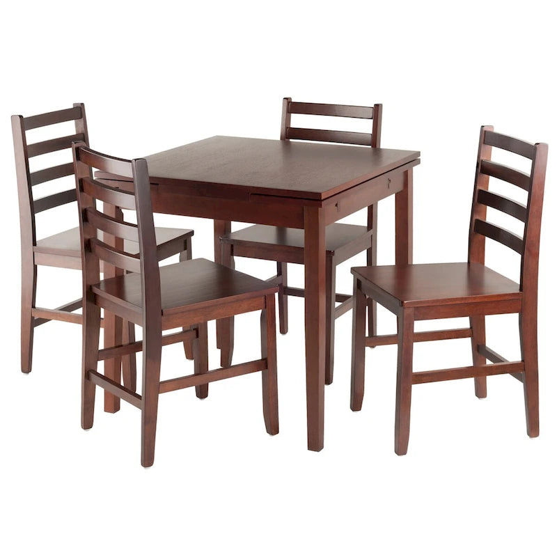Table extensible 5 pièces avec chaises à dossier ajouré, Noyer