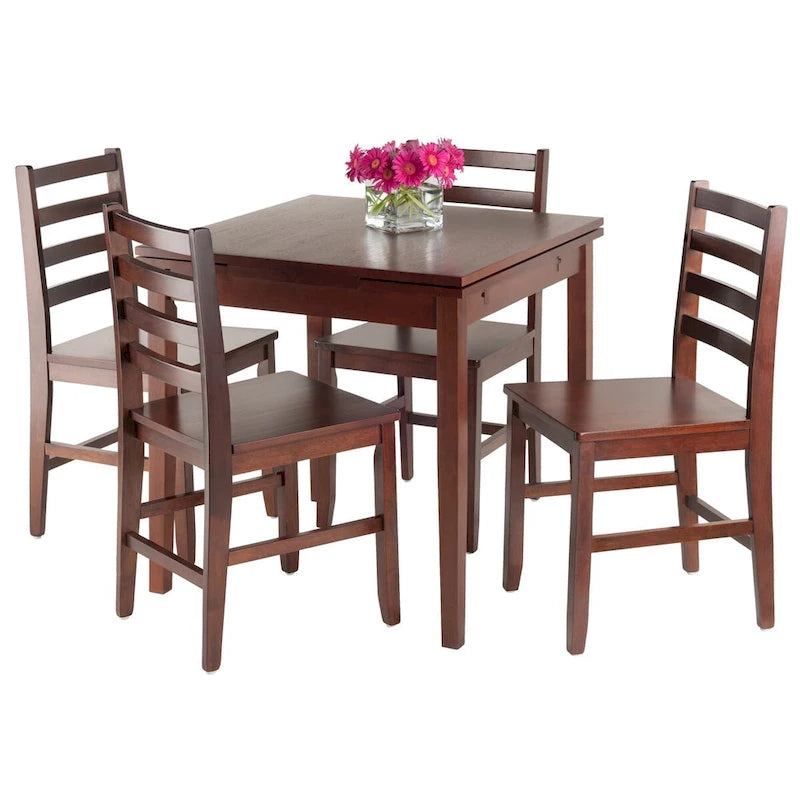 Table extensible 5 pièces avec chaises à dossier ajouré, Noyer